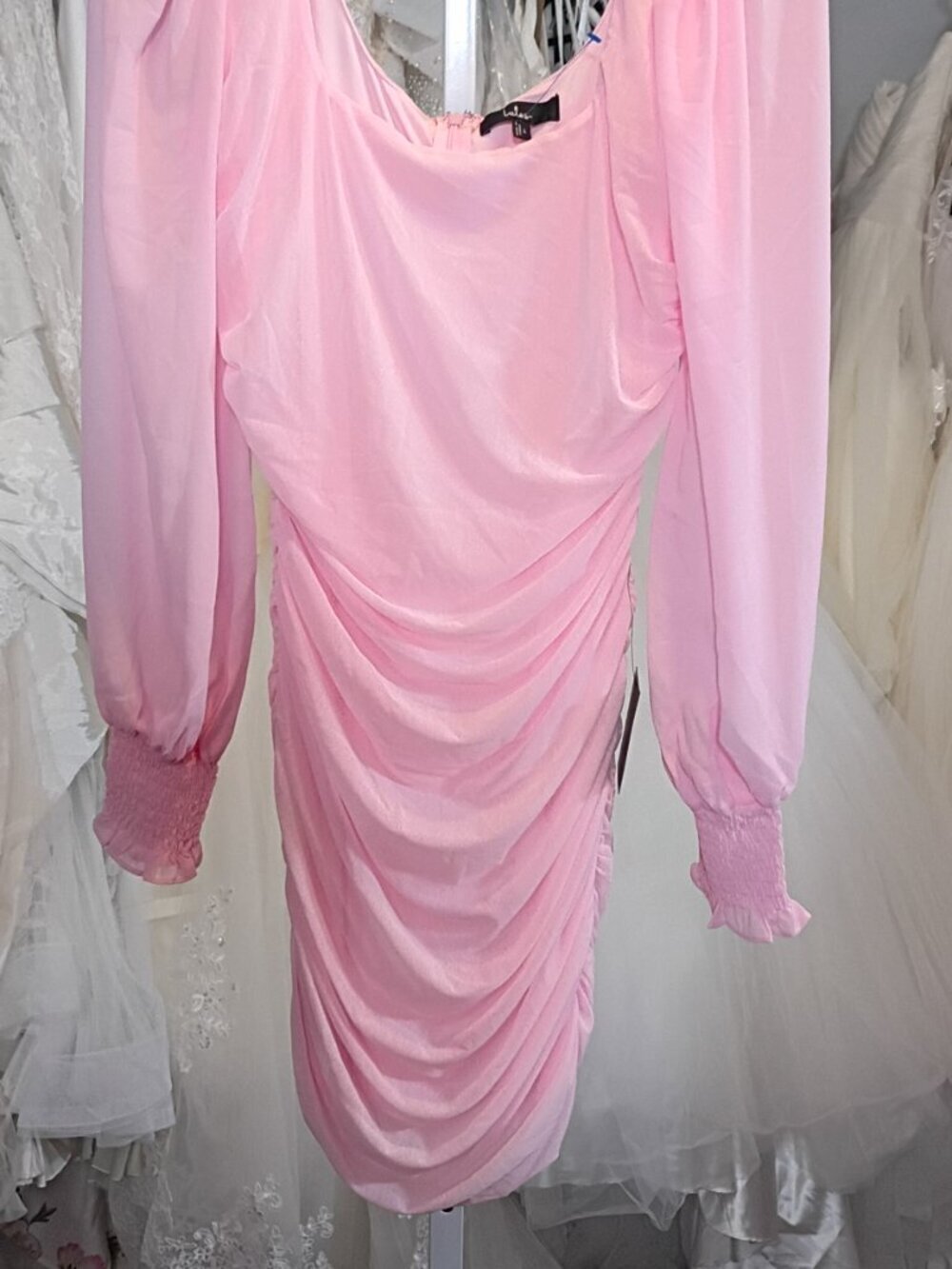 NWT Lulus Perfect Sensation Pink Ruched Puff Sleeve Mini Dress Size L - Picture 5 of 7